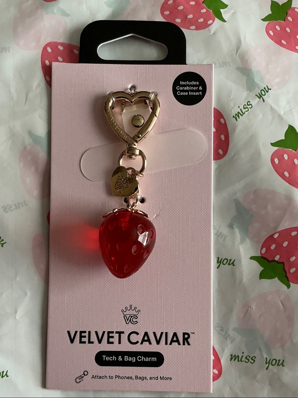 Velvet Caviar Red Strawberry Charm with Gold Heart Carabiner
